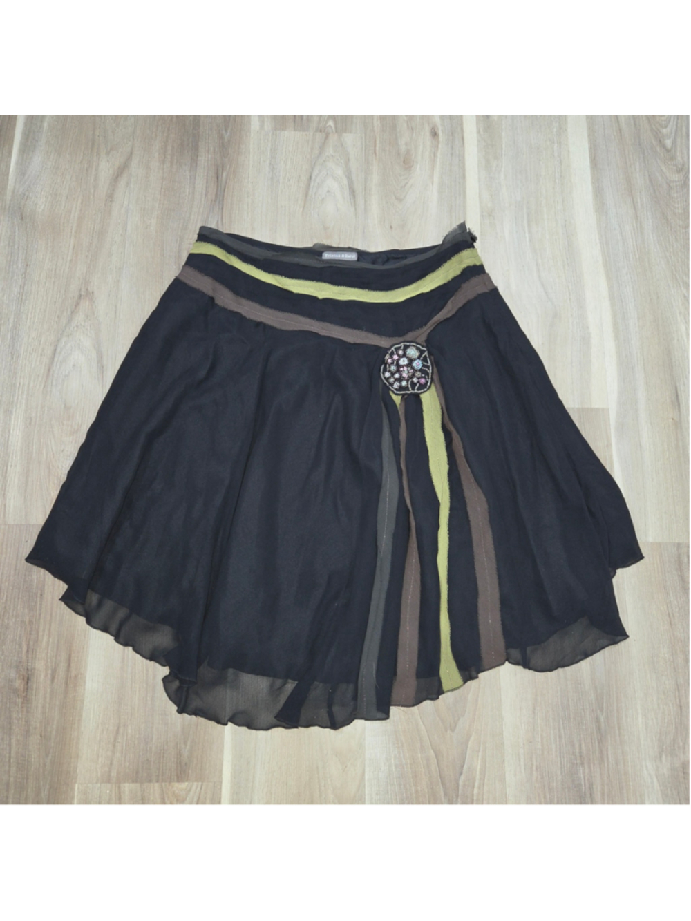 •Tristan & Iseut• Women's 100% Silk A-Line Skirt Black Green Size 14